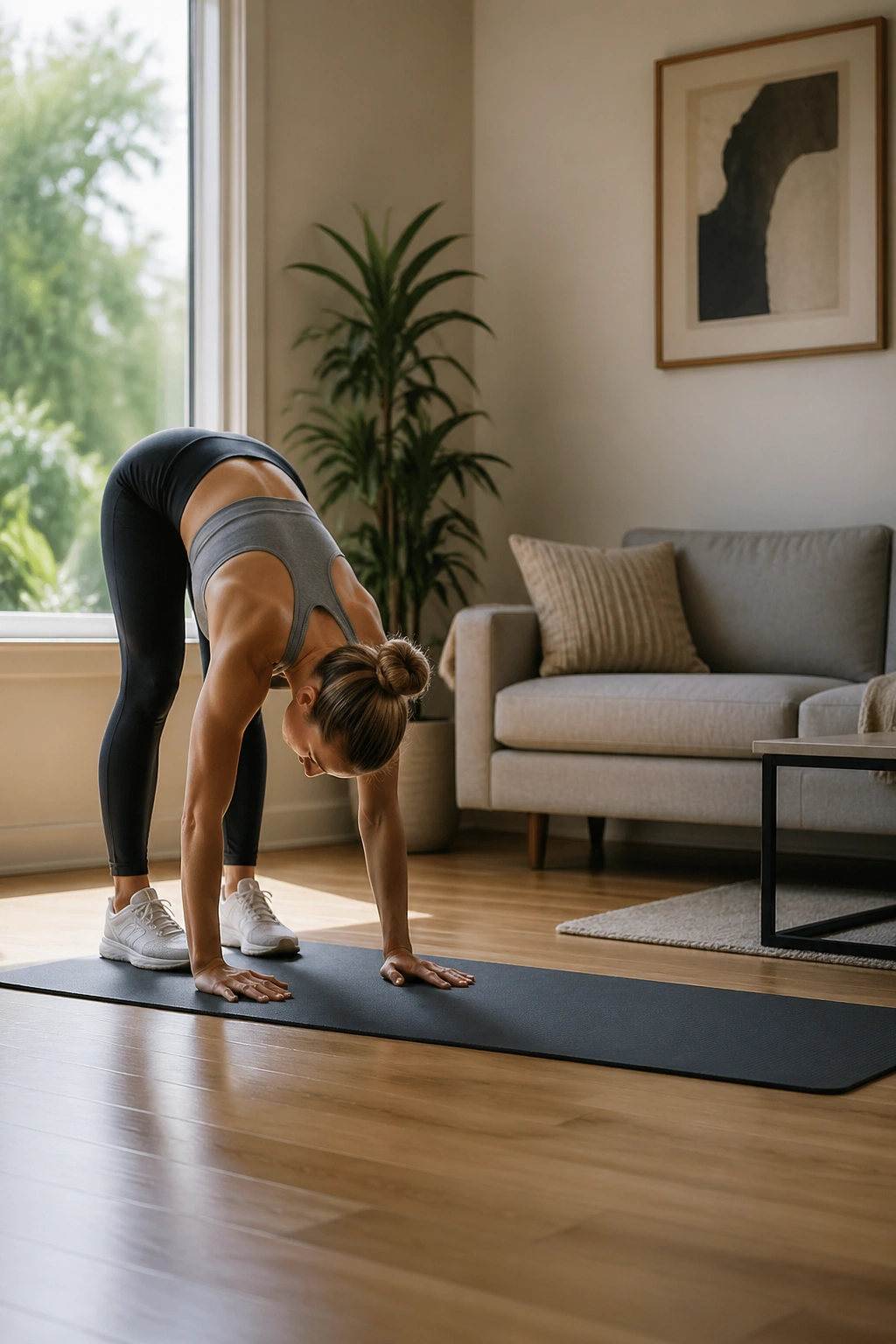 Real person performing inchworm walkout on a home yoga mat.