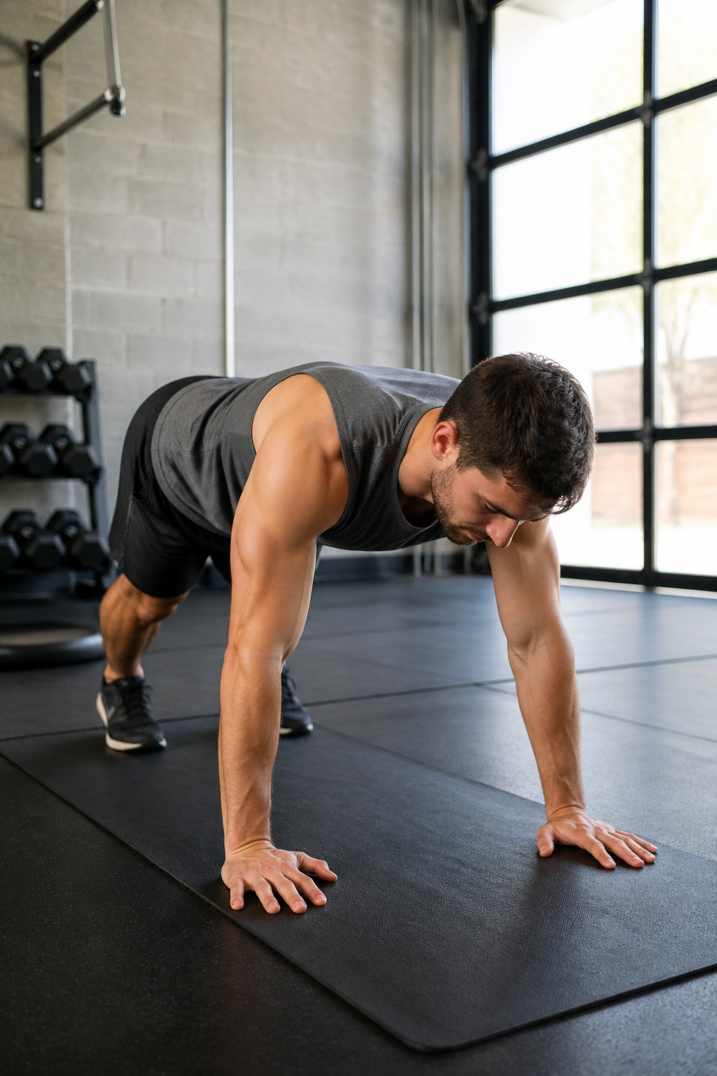 Person performing an inchworm walkout from standing to plank in a gym