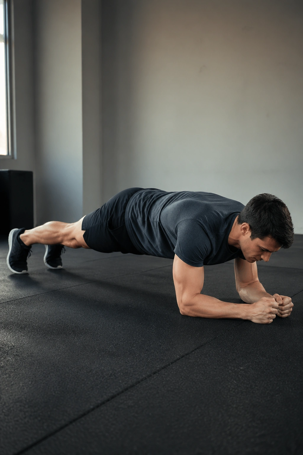 Person in the middle of an inchworm transition to plank on a gym mat