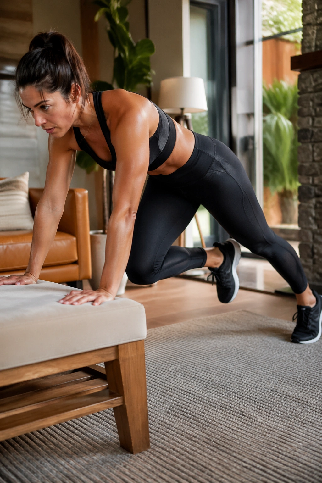 Medium-close shot of incline mountain climber with hands on a bench