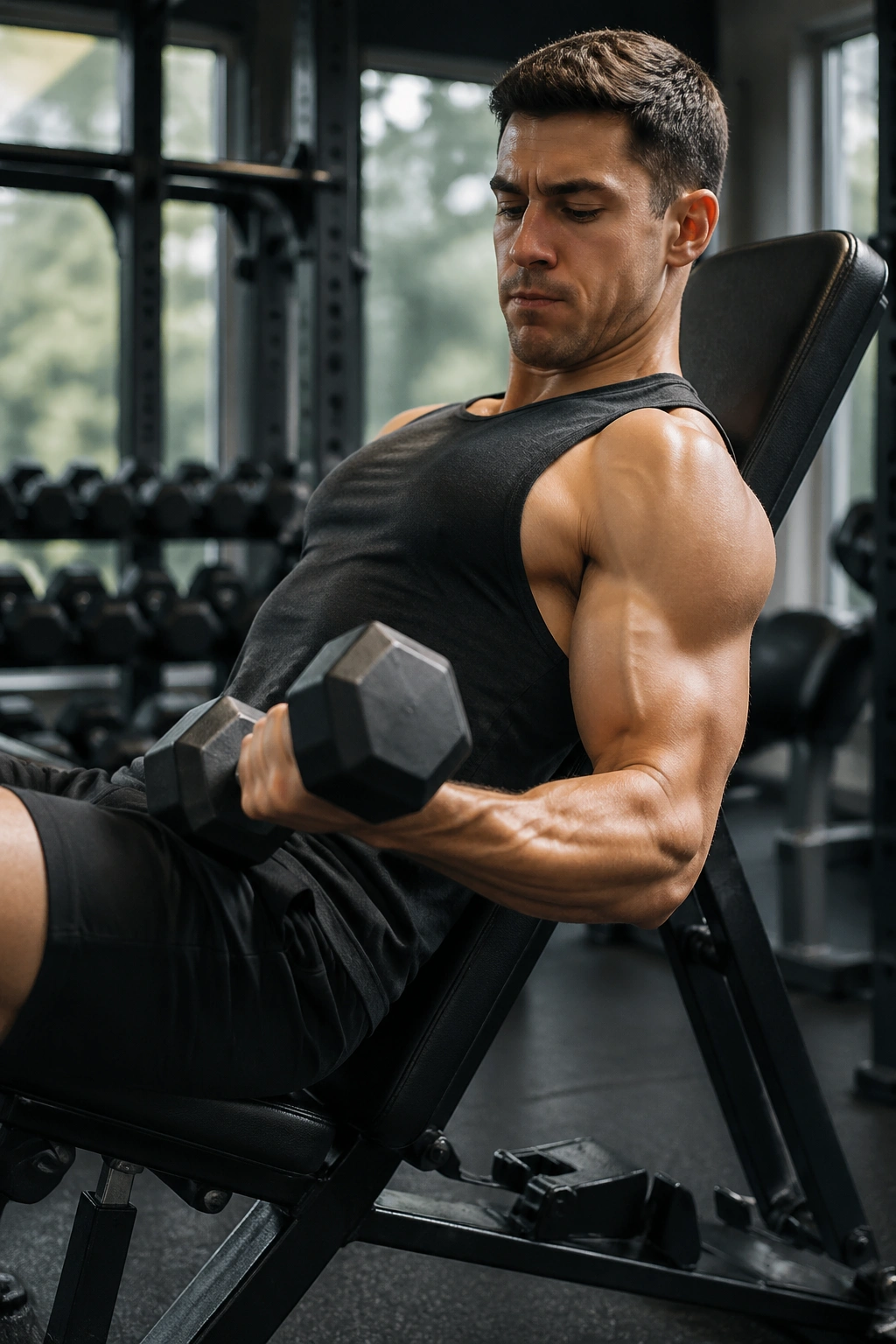 Medium shot of incline dumbbell curl on incline bench highlighting long head stretch