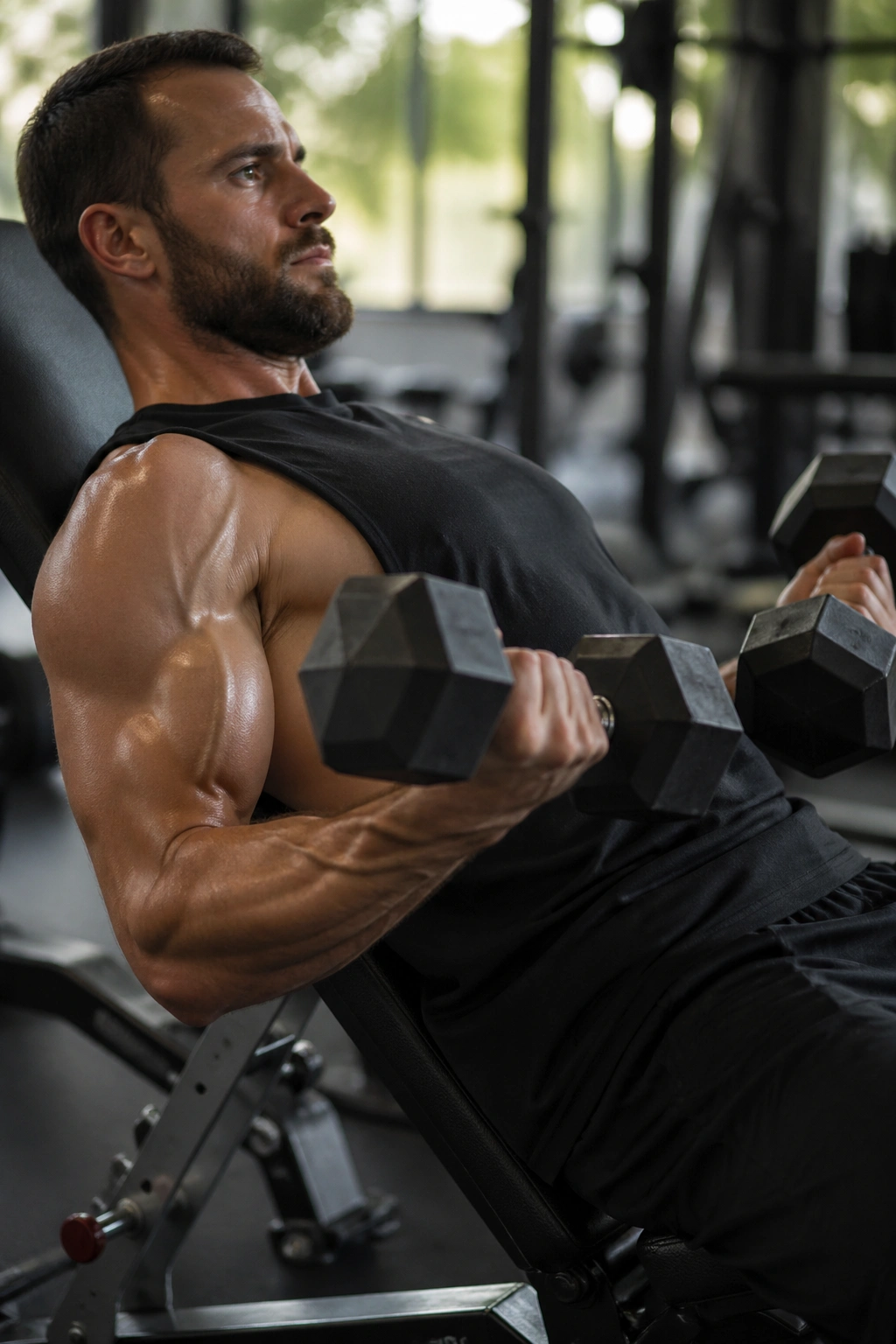Close-up of incline dumbbell curl showing stretched biceps on an incline bench