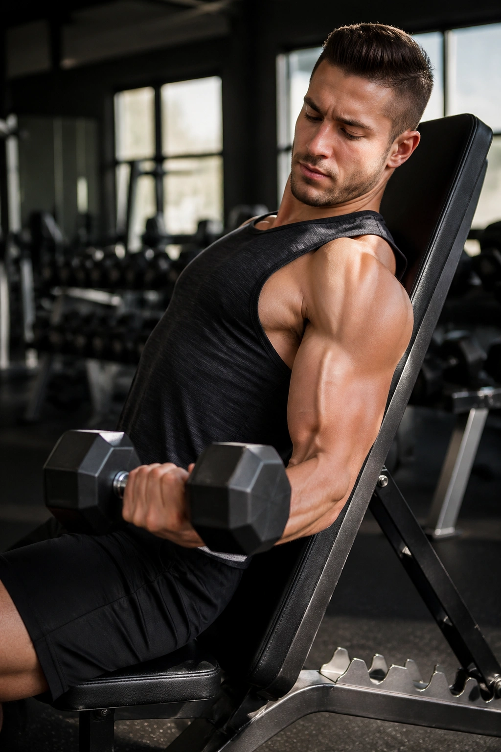 Medium close-up of arm performing incline dumbbell curl on incline bench.