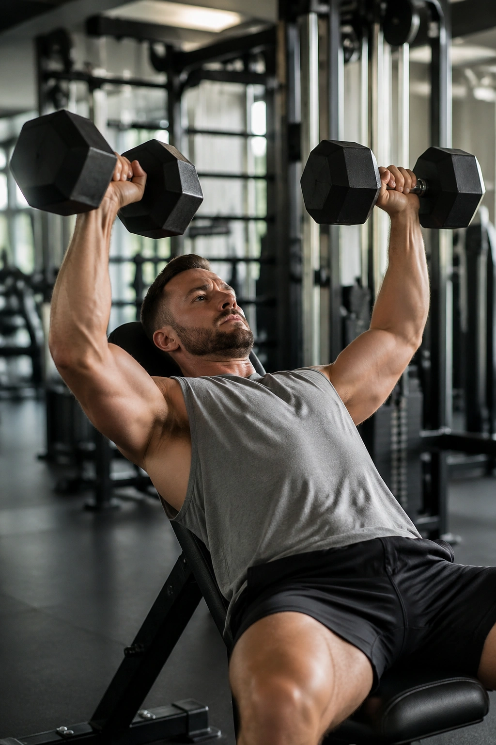 Real person incline dumbbell press in gym setting