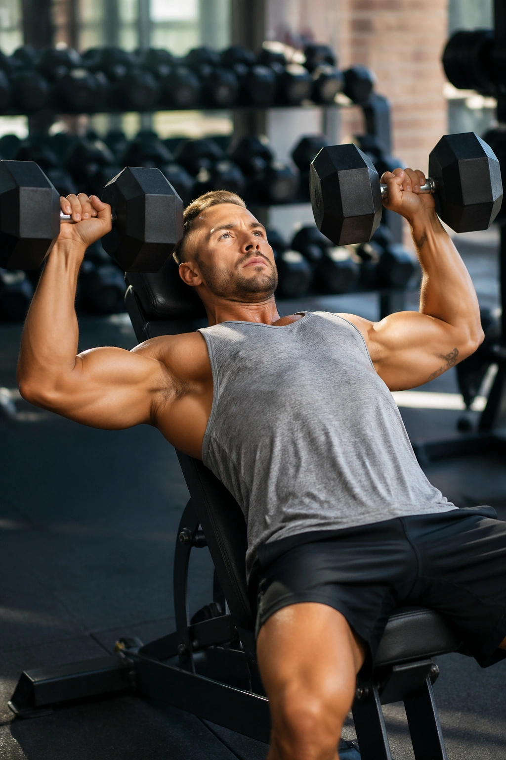 Close-up of a real person performing incline dumbbell press on an incline bench, upper chest engaged