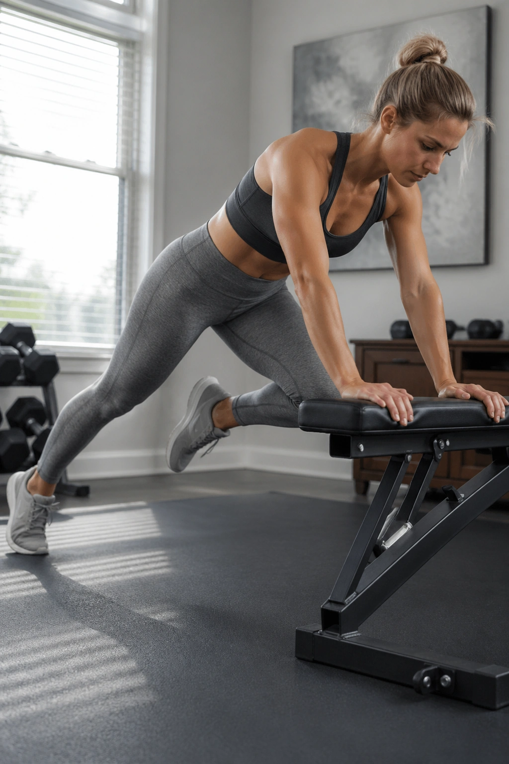 Mid-shot of incline mountain climbers on a bench in a clean home gym