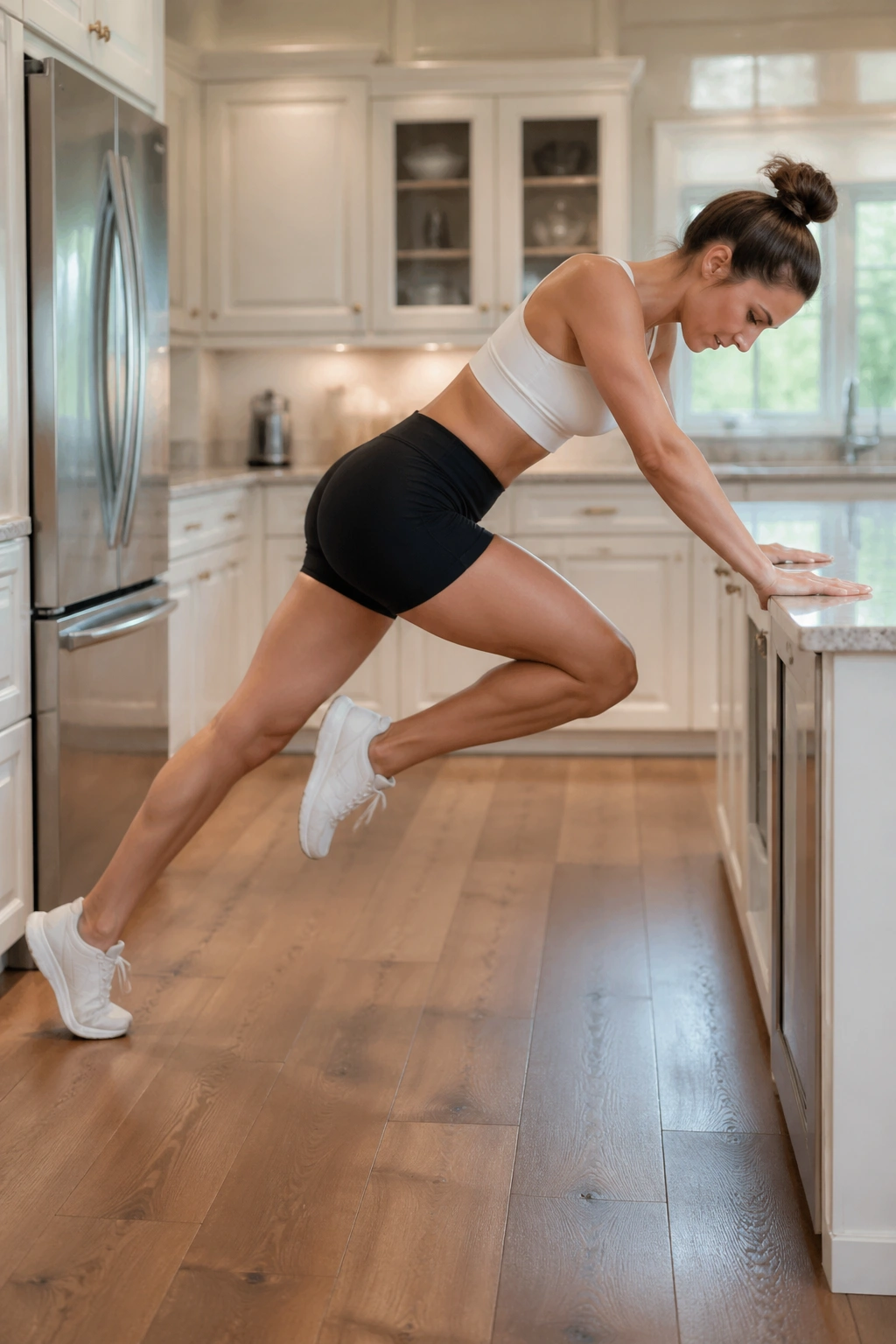 Real person doing incline mountain climbers on a counter in a kitchen