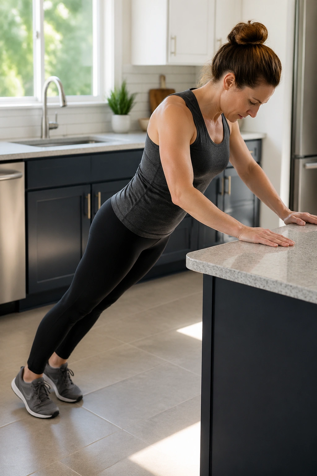 Medium close-up of a person doing incline plank on a kitchen countertop with a straight body line