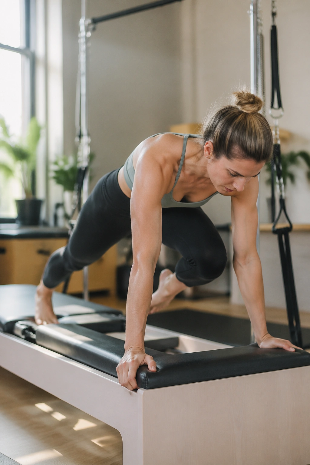 Real person in incline plank on a board performing a slow knee tuck in a sunlit studio.