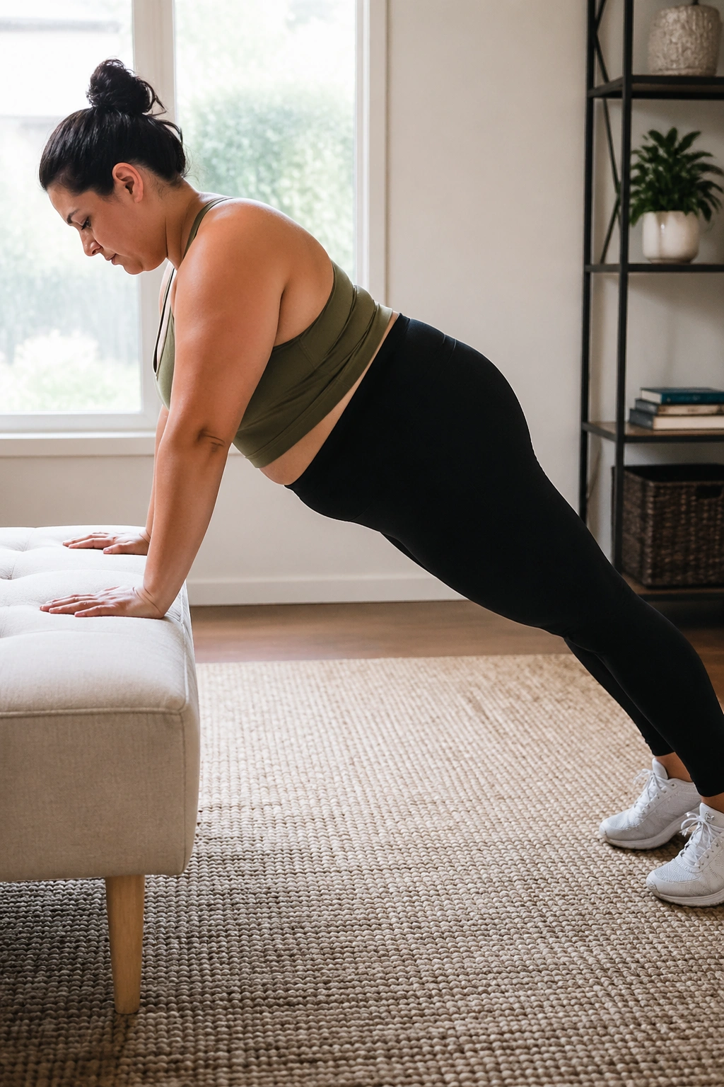 Portrait of a real person performing incline plank against a wall in a home interior.