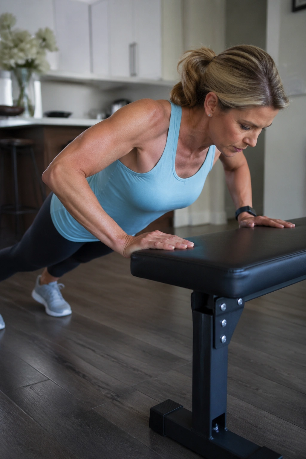 Person performing incline push-ups on a bench