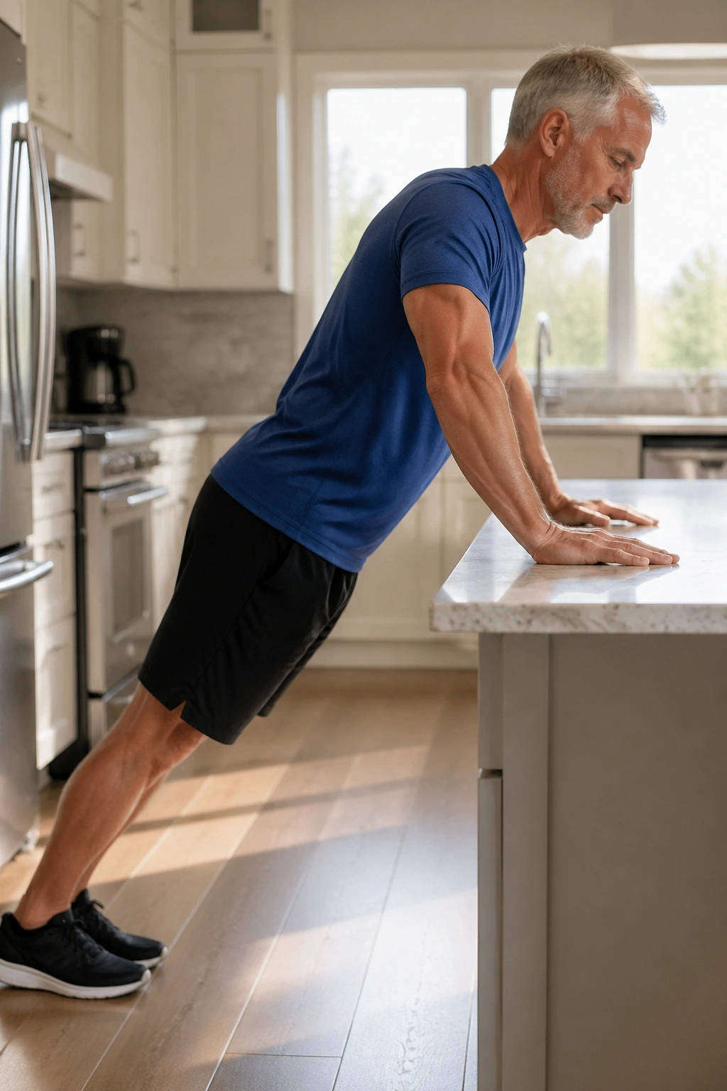 50+ man doing incline push-ups on kitchen counter