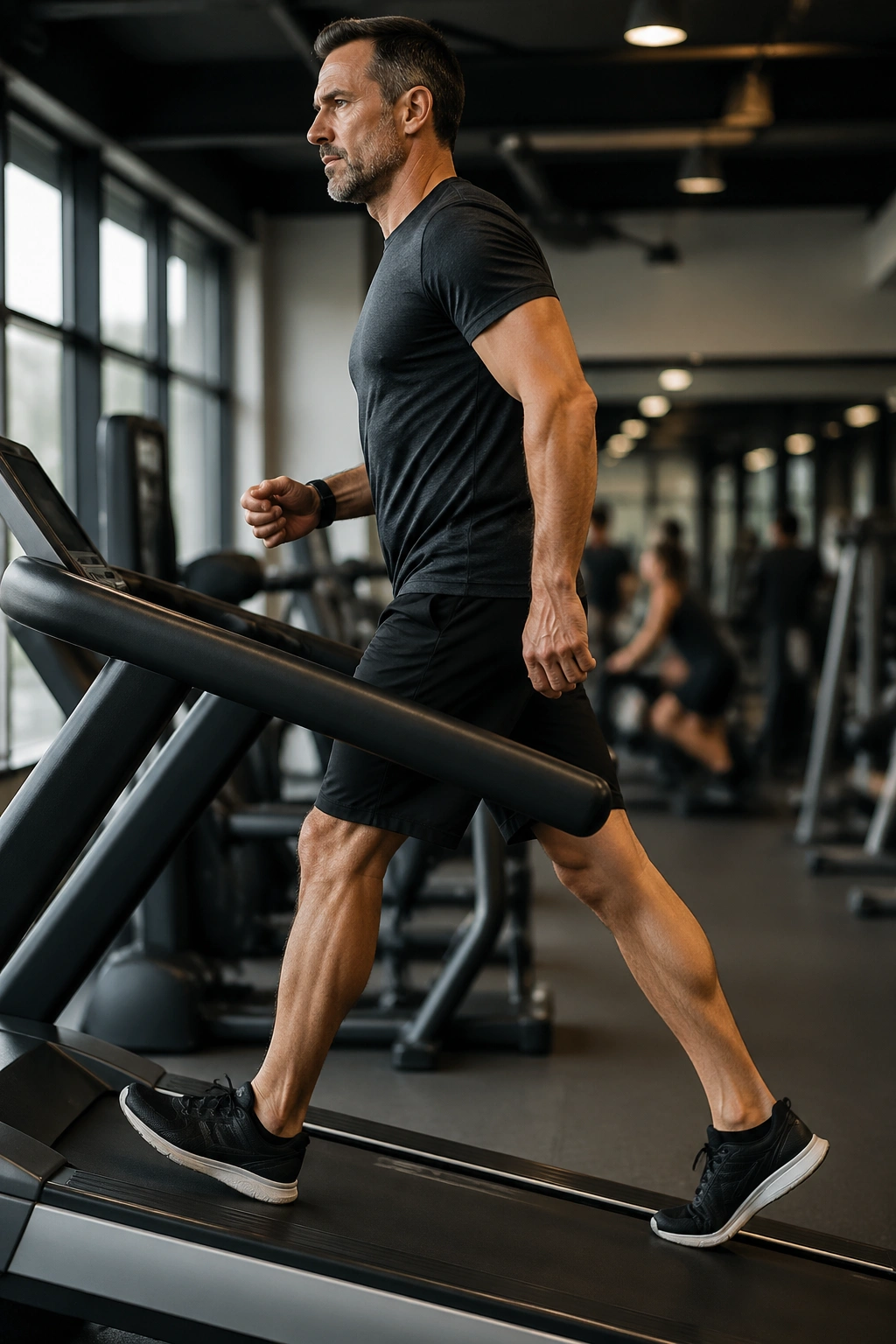 Close-up of a fit adult walking on an incline treadmill in a gym