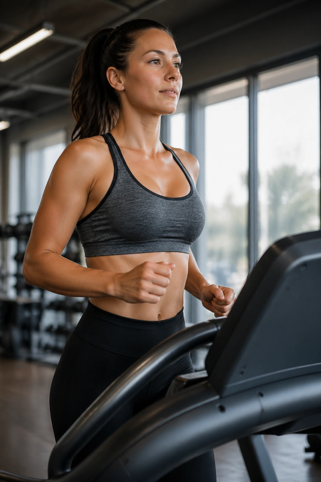 Close-up of a person walking briskly on an incline treadmill in a gym