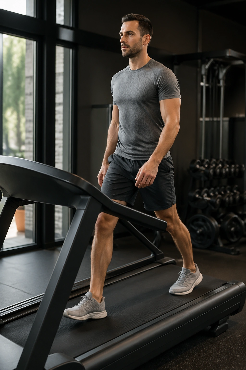 Person walking on an incline treadmill in gym
