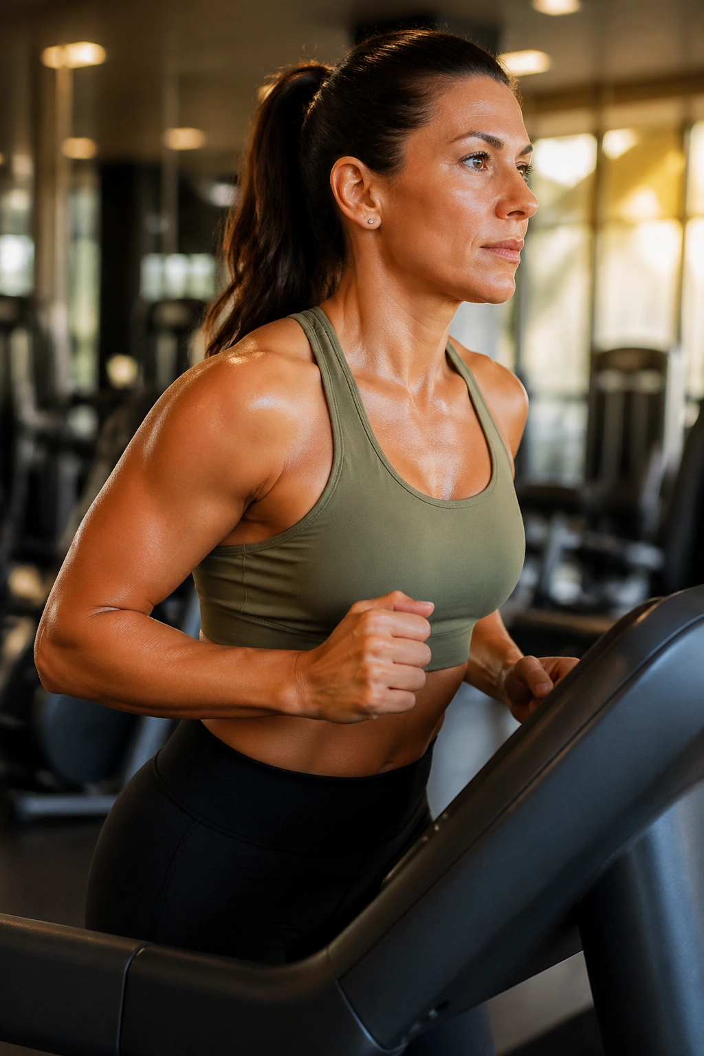 Close-up of a person performing incline walk intervals on a treadmill in a gym