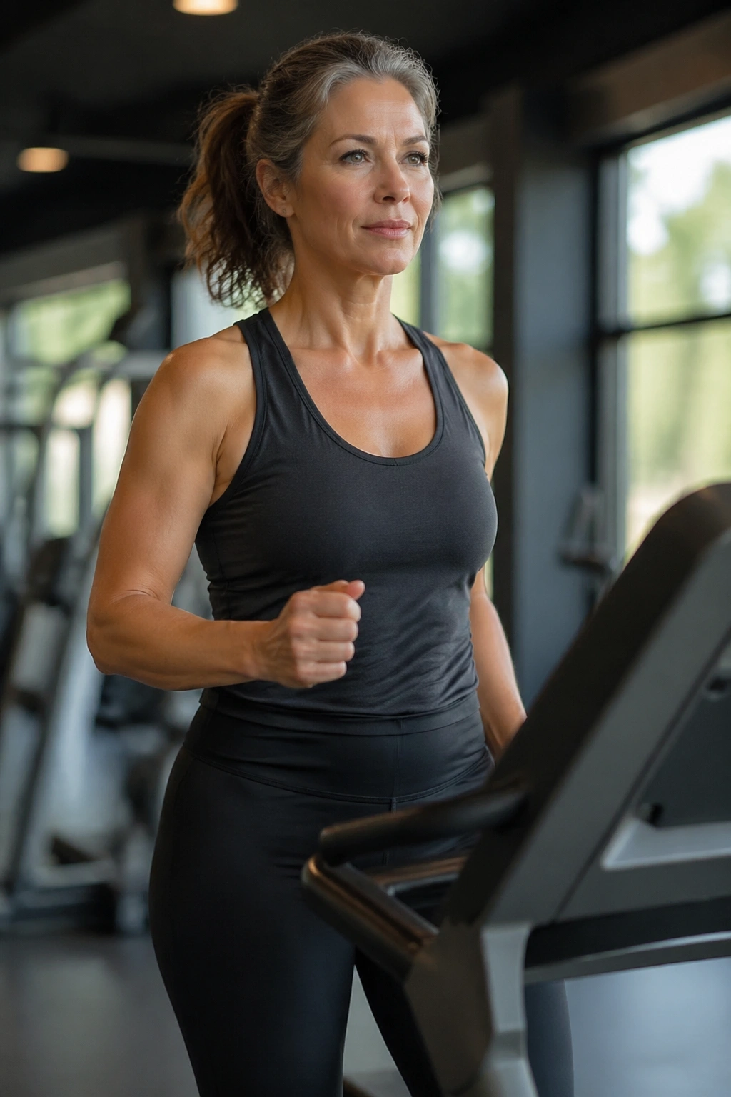 Real woman on a treadmill with incline performing interval walking in a gym