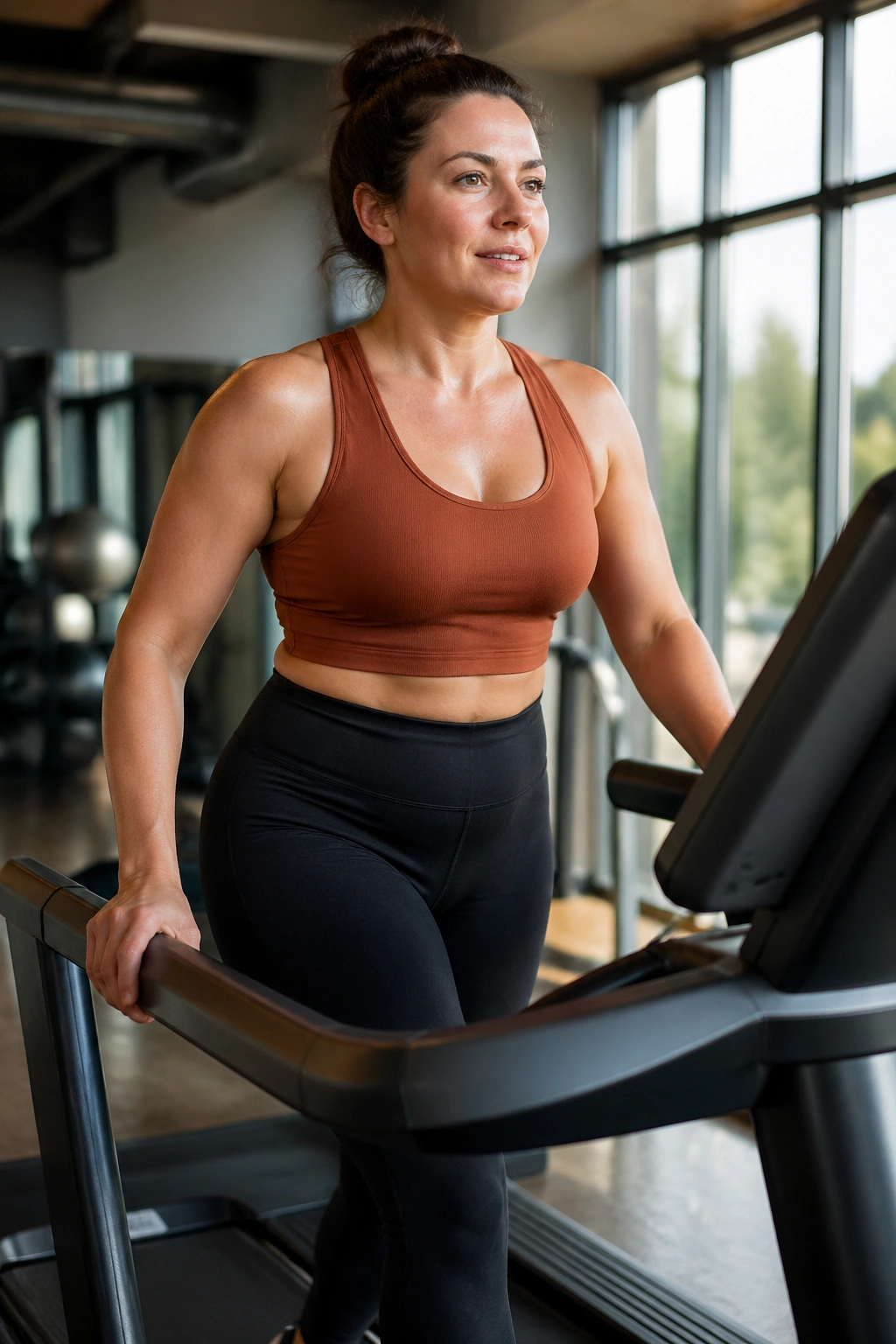 Medium close-up of a person incline-walking on a treadmill in a gym.