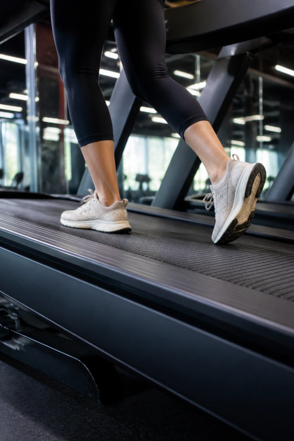 Feet and legs walking on incline treadmill during interval workout