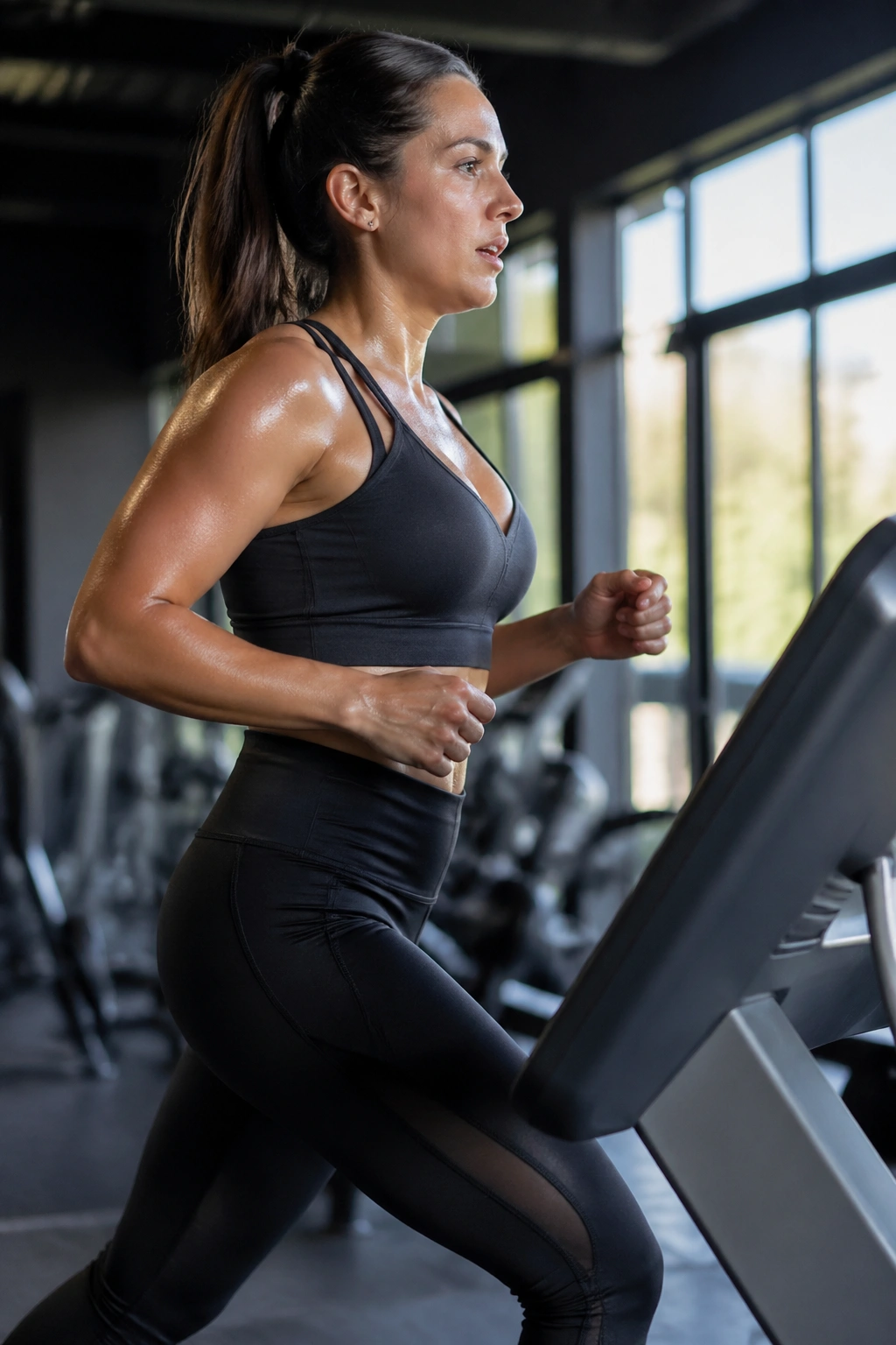 Person incline-walking on treadmill sweating in gym