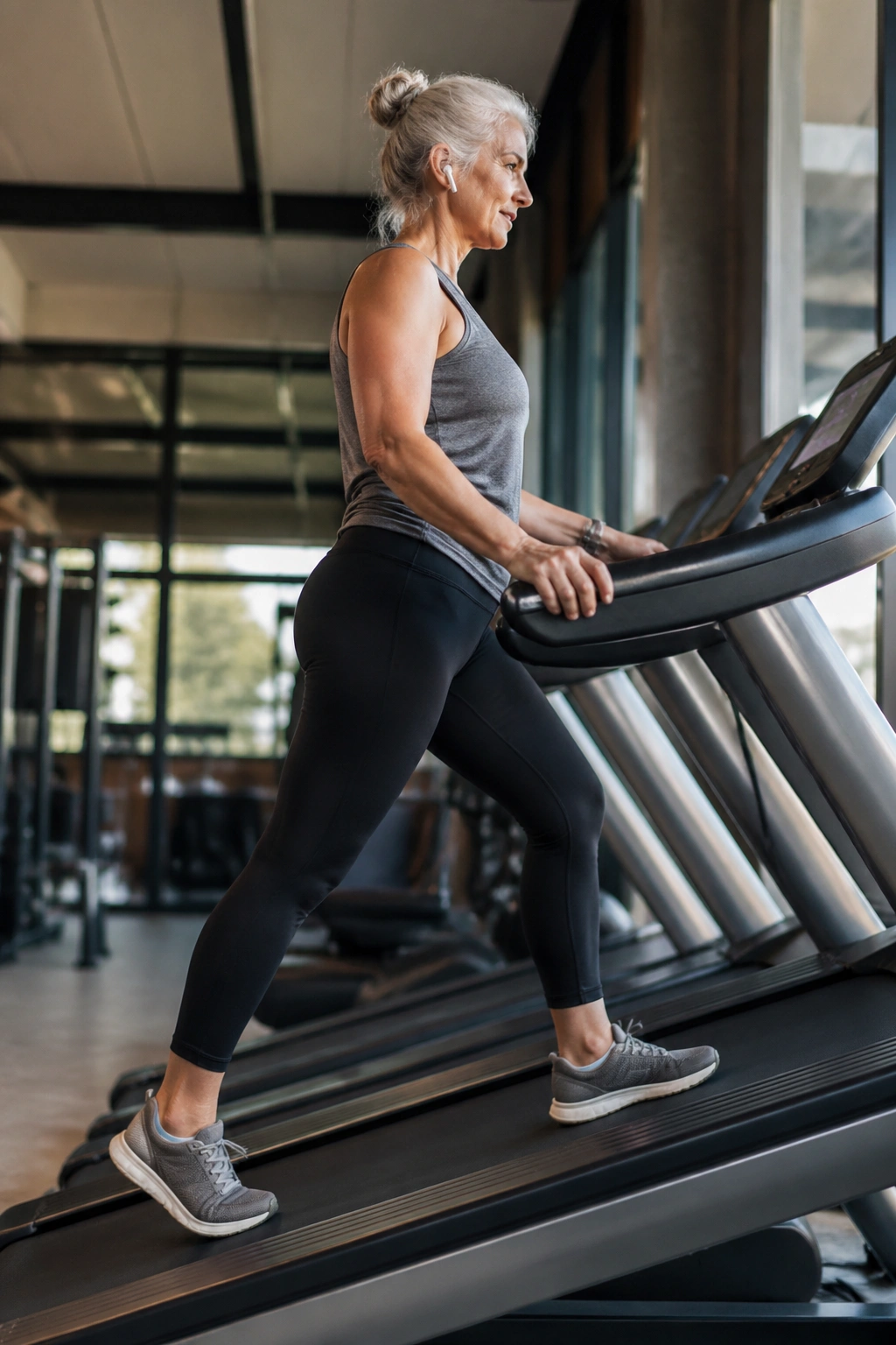 Mid-shot of a woman over 50 walking on an incline treadmill indoors