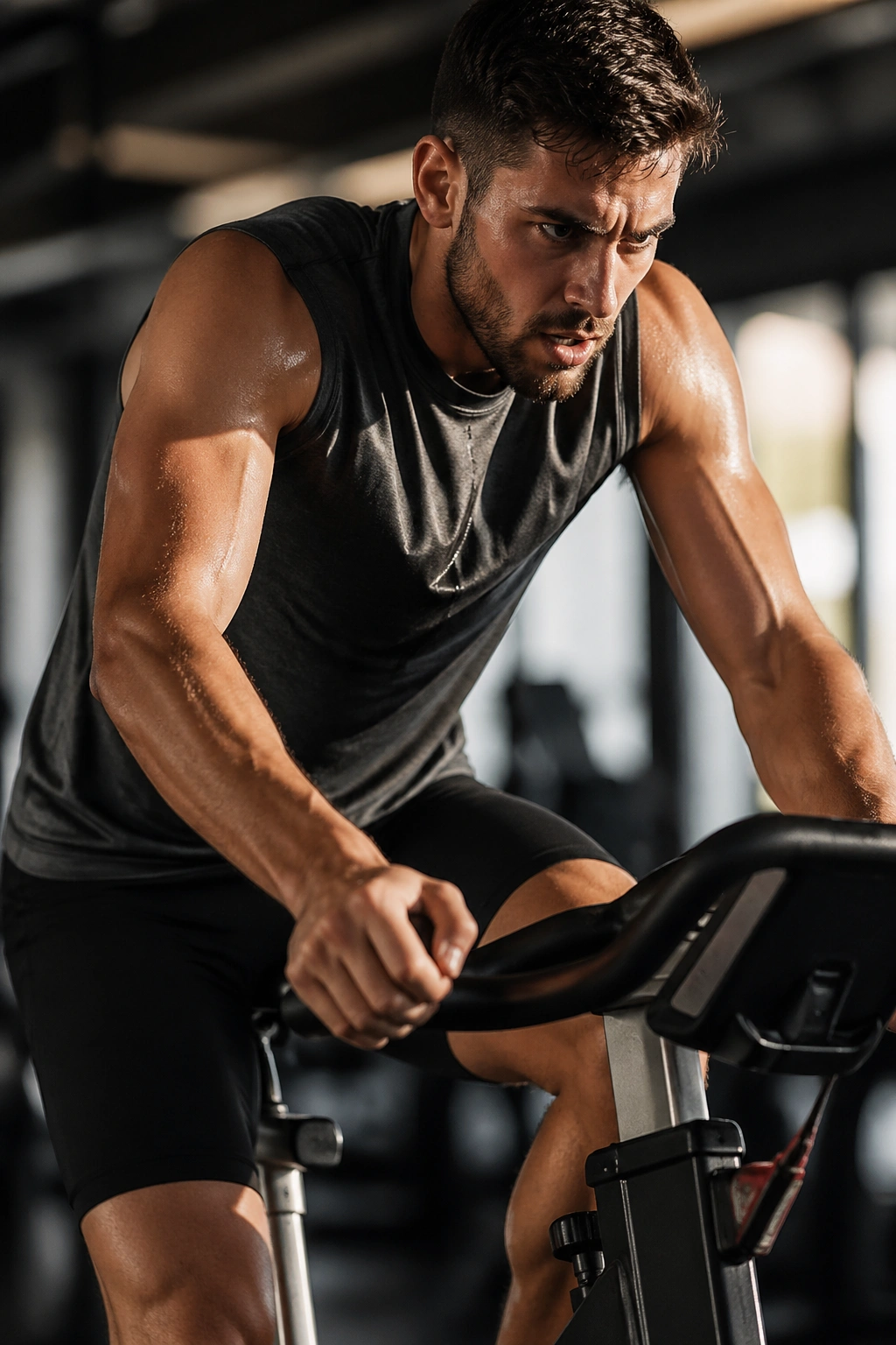 Close-up of a cyclist pedaling hard on an indoor bike in a gym