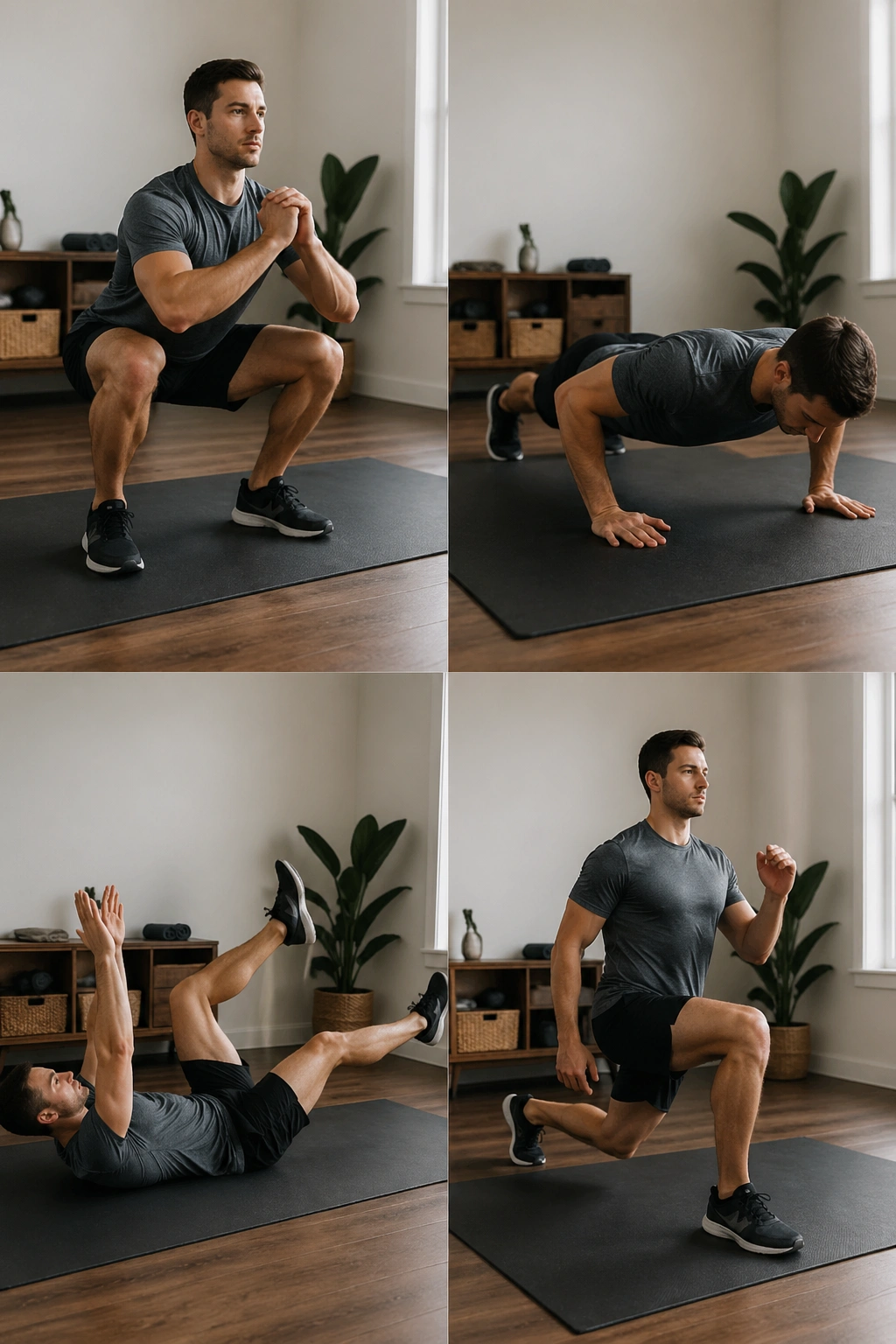 Person performing an indoor EMOM bodyweight circuit on a gym mat