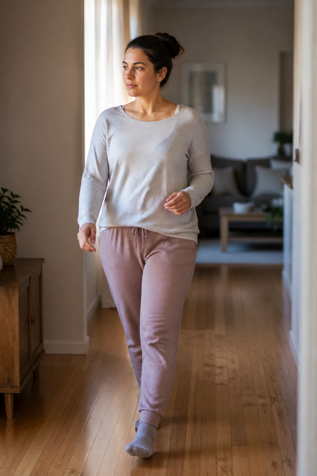 Mid-shot of a real person walking slowly in a cozy hallway for a short indoor walk.