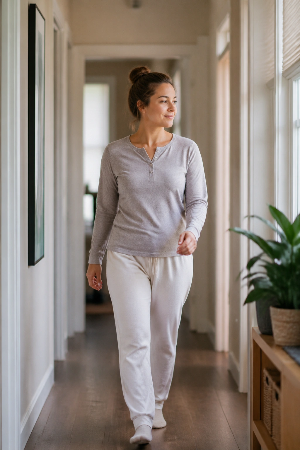 Real woman walking slowly indoors in a home hallway after birth.