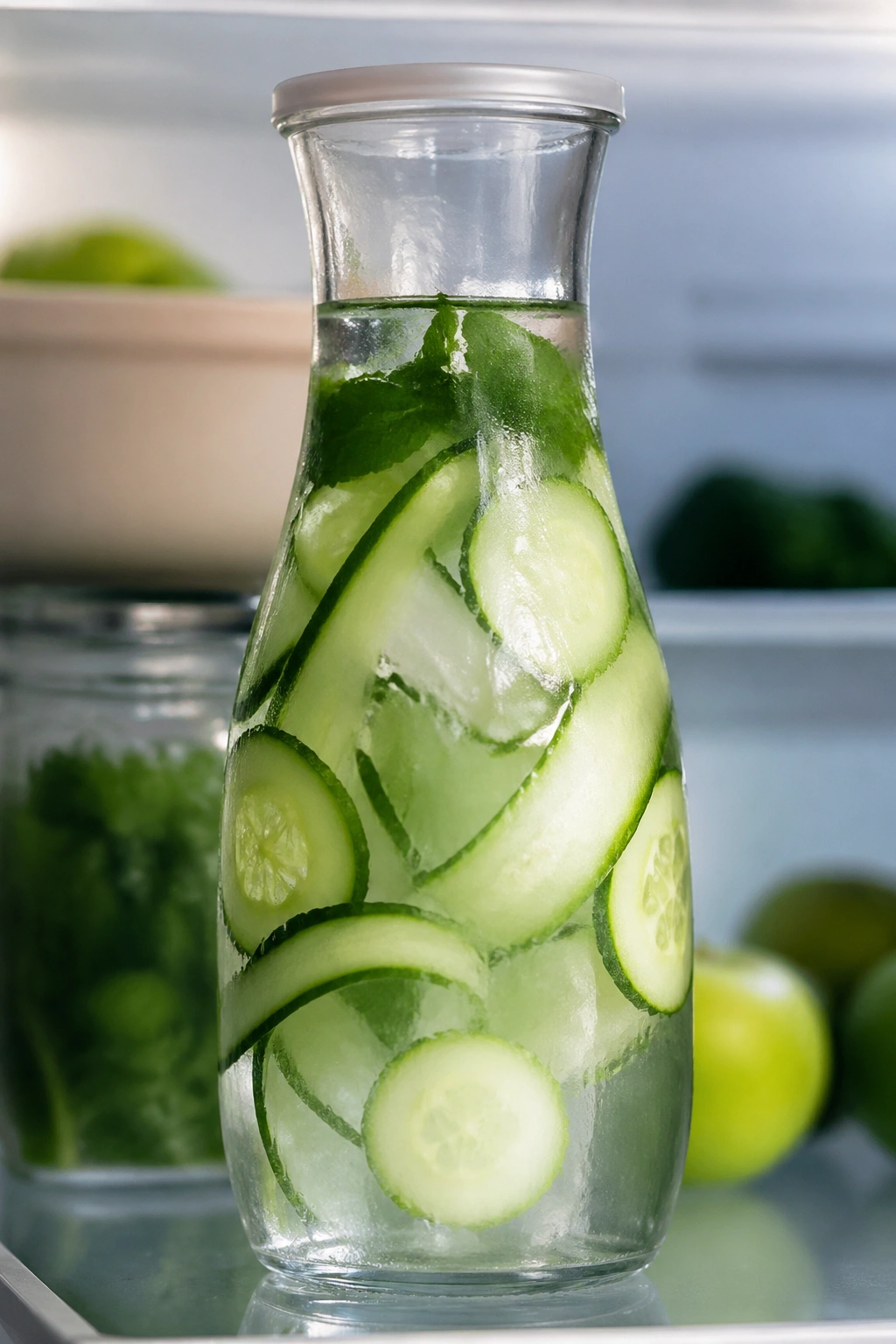 Condensed glass bottle of infused water on a kitchen counter
