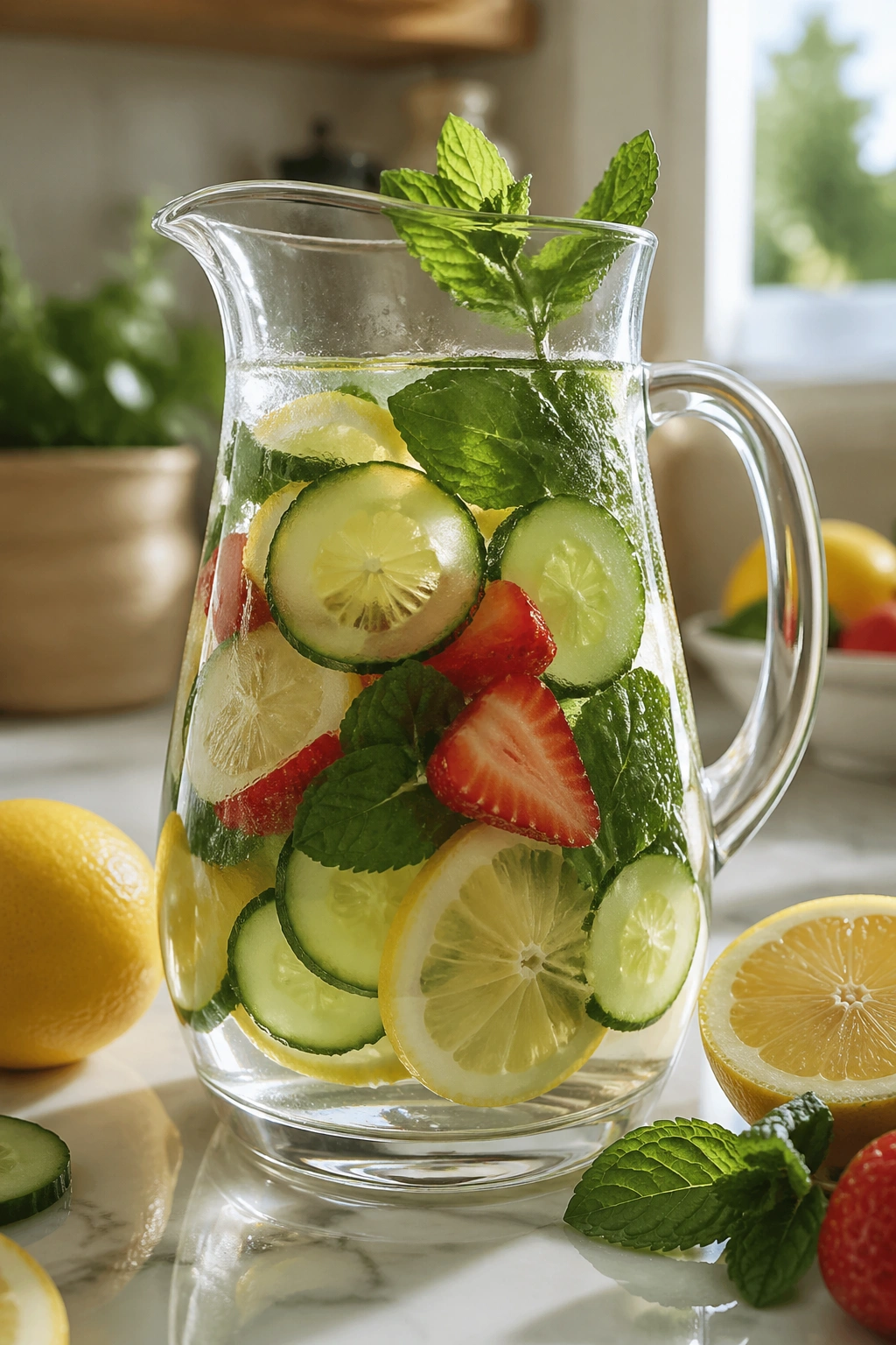 Close-up of infused water in a glass pitcher with fruit and herbs