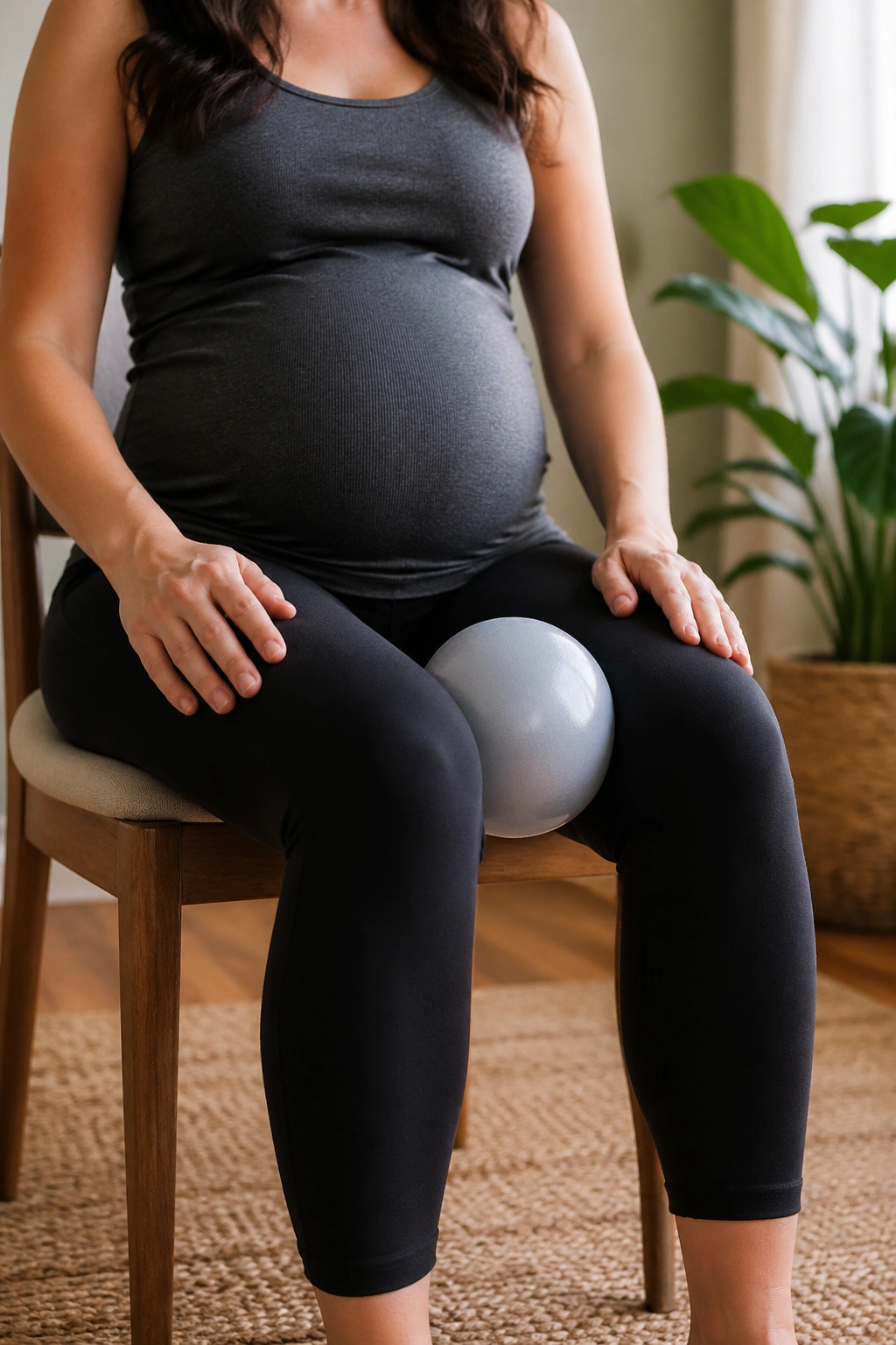 Pregnant woman squeezing a ball between knees for pelvic stability