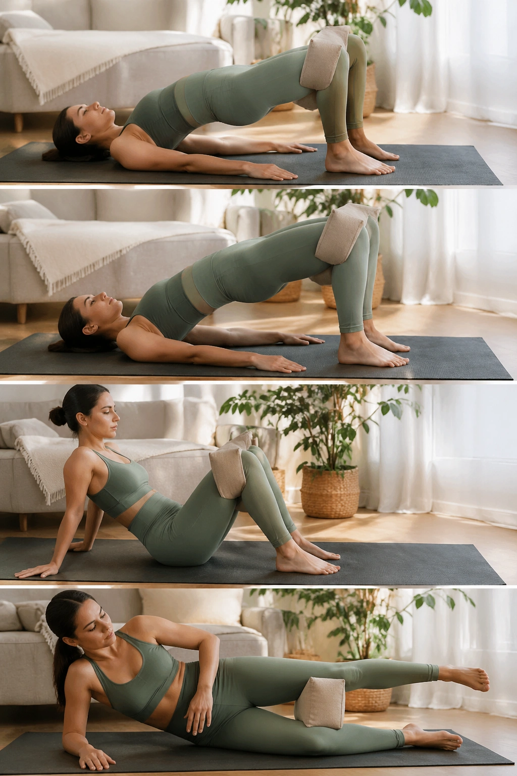 Person performing pillow squeeze between knees during bridges at home