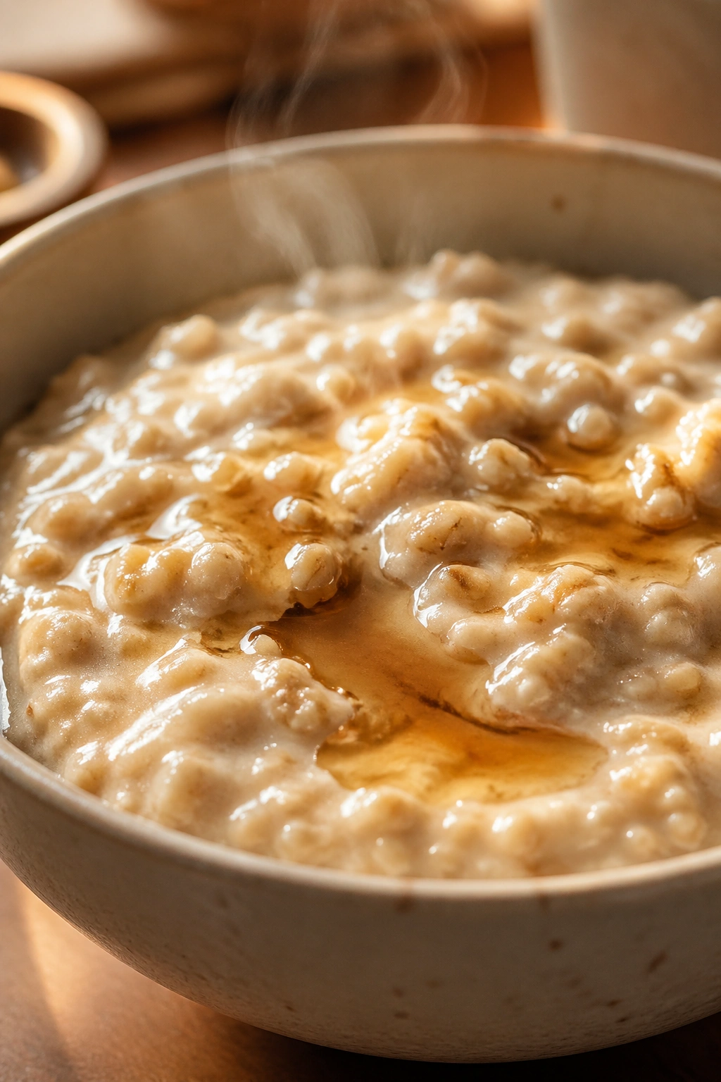 Close-up of steaming bowl of instant oatmeal with maple syrup
