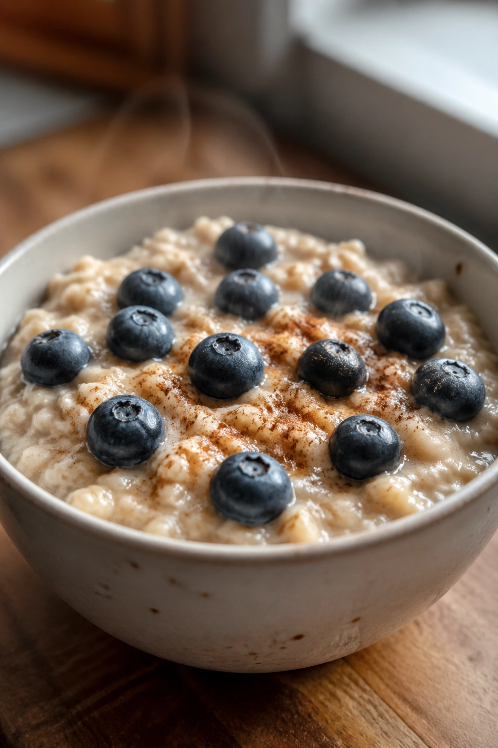 Small bowl of instant oats with blueberries in a cozy kitchen