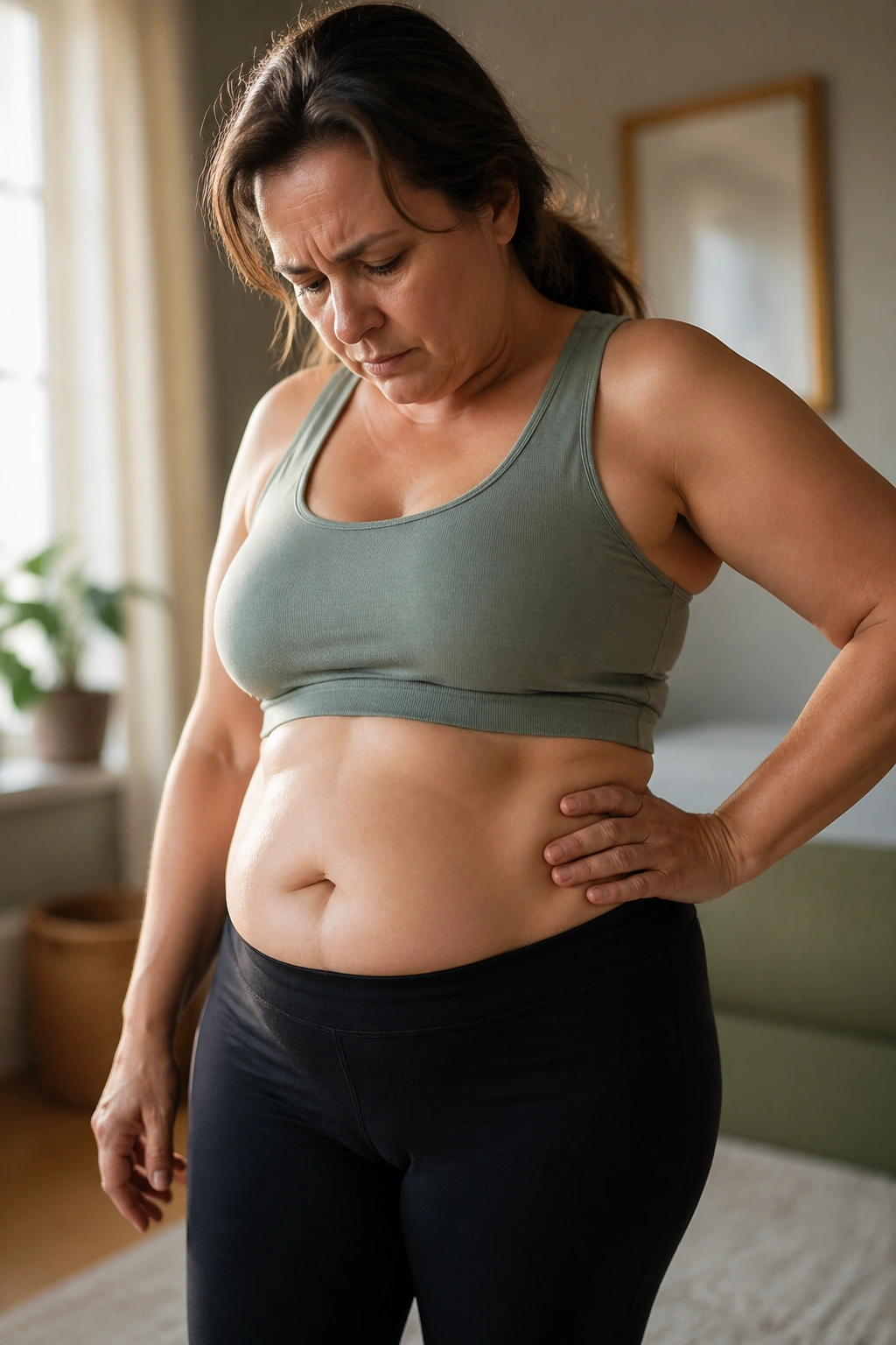 Close-up of a woman touching her waist with concern in a home setting