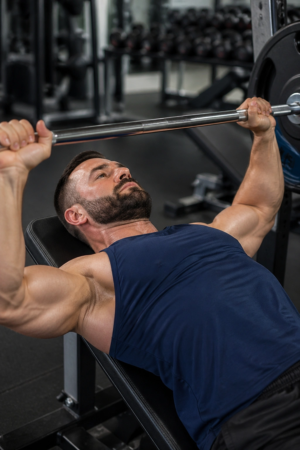 Lifter bench pressing in a gym focusing on form