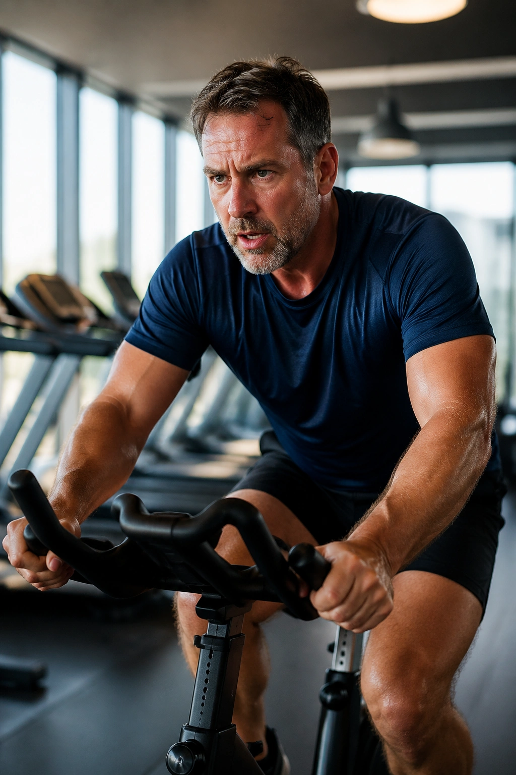 Man performing high-intensity intervals on a stationary bike