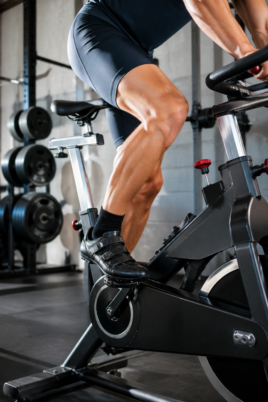 Close-up of legs pedaling on a stationary bike during an interval session