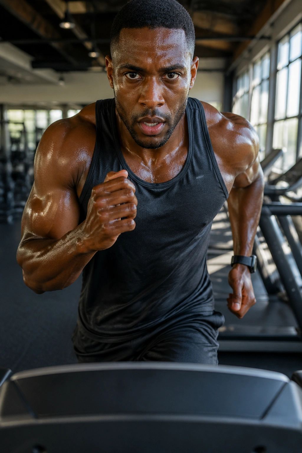 Close-up of a fit person sprinting on a treadmill in a gym during interval training