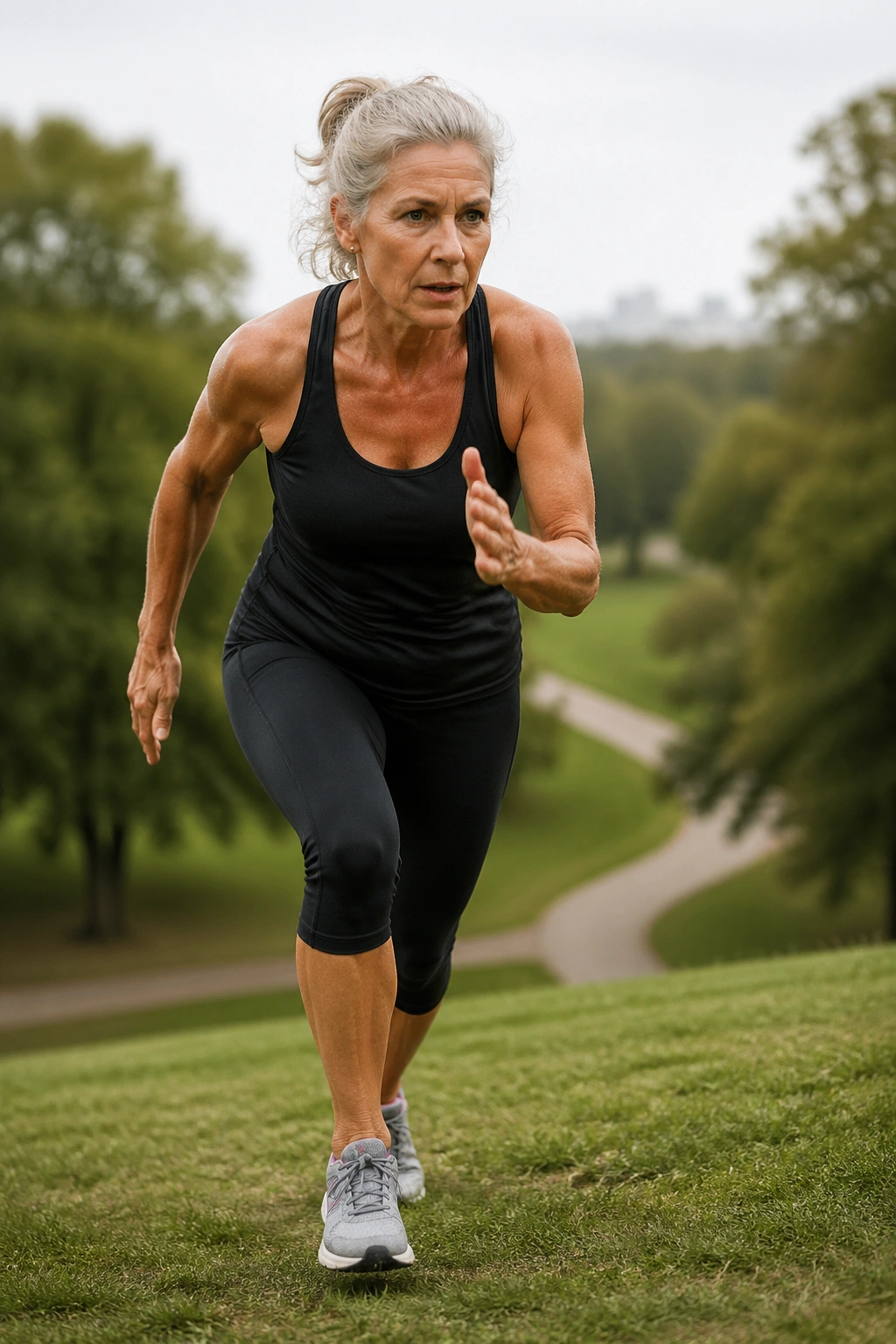 Midlife woman performing an interval sprint outdoors.