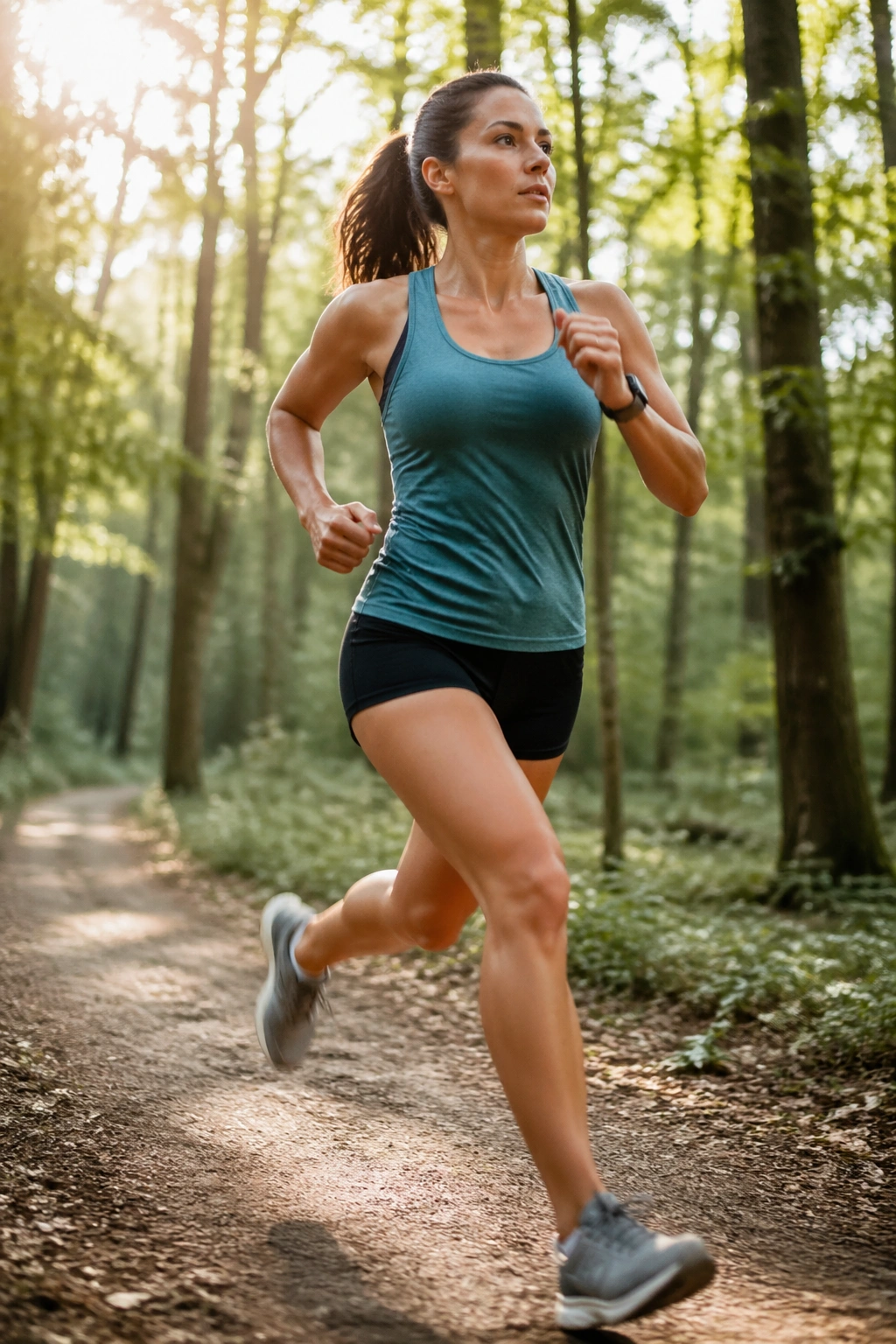 Person performing interval training on a trail during morning walk.