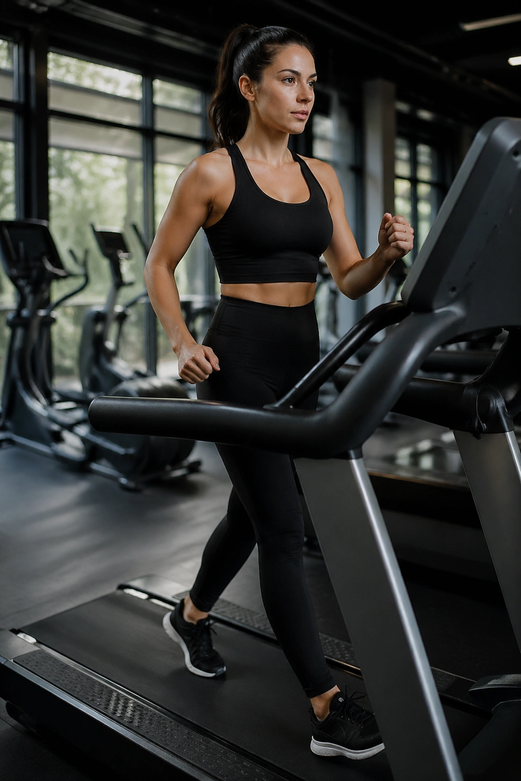 Person walking briskly on a treadmill during interval workout