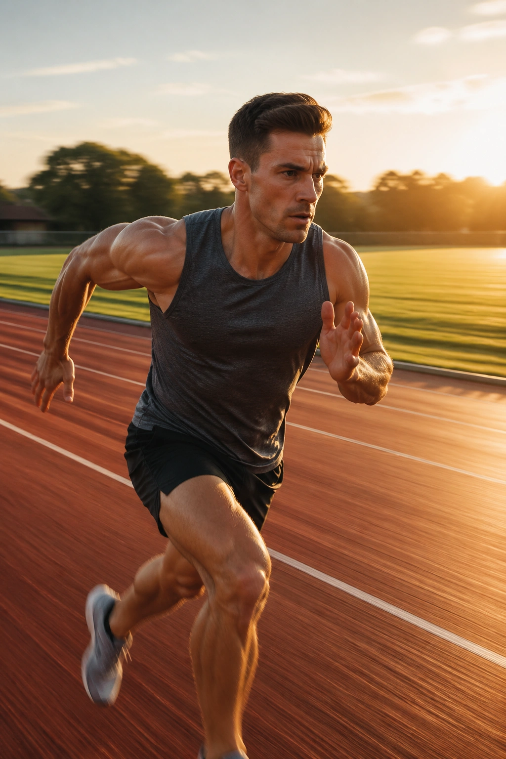 Mid-shot of a person doing interval sprints on an outdoor track at golden hour