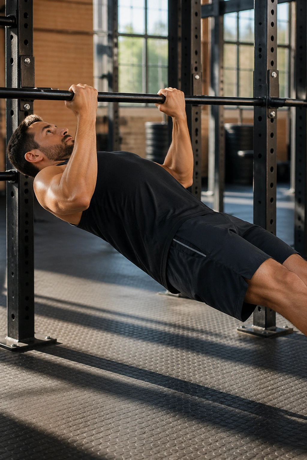 Real person doing an inverted row under a bar in a gym, core tight and back engaged.