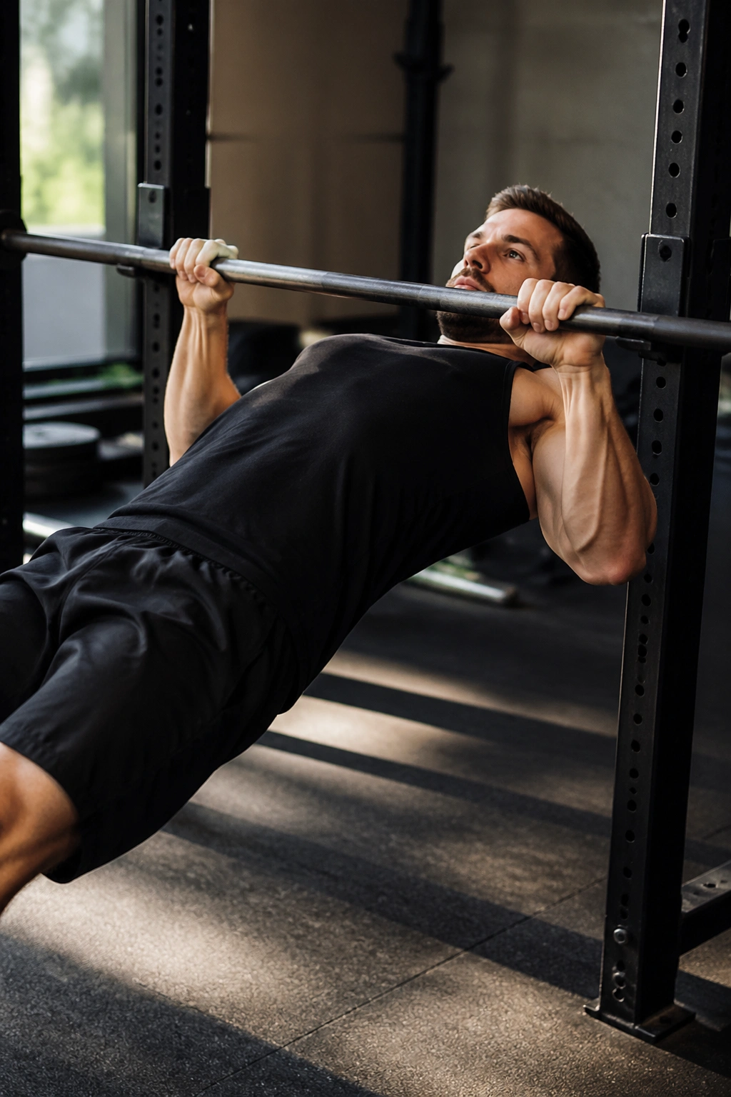 Person performing an inverted row with straight body line toward the bar