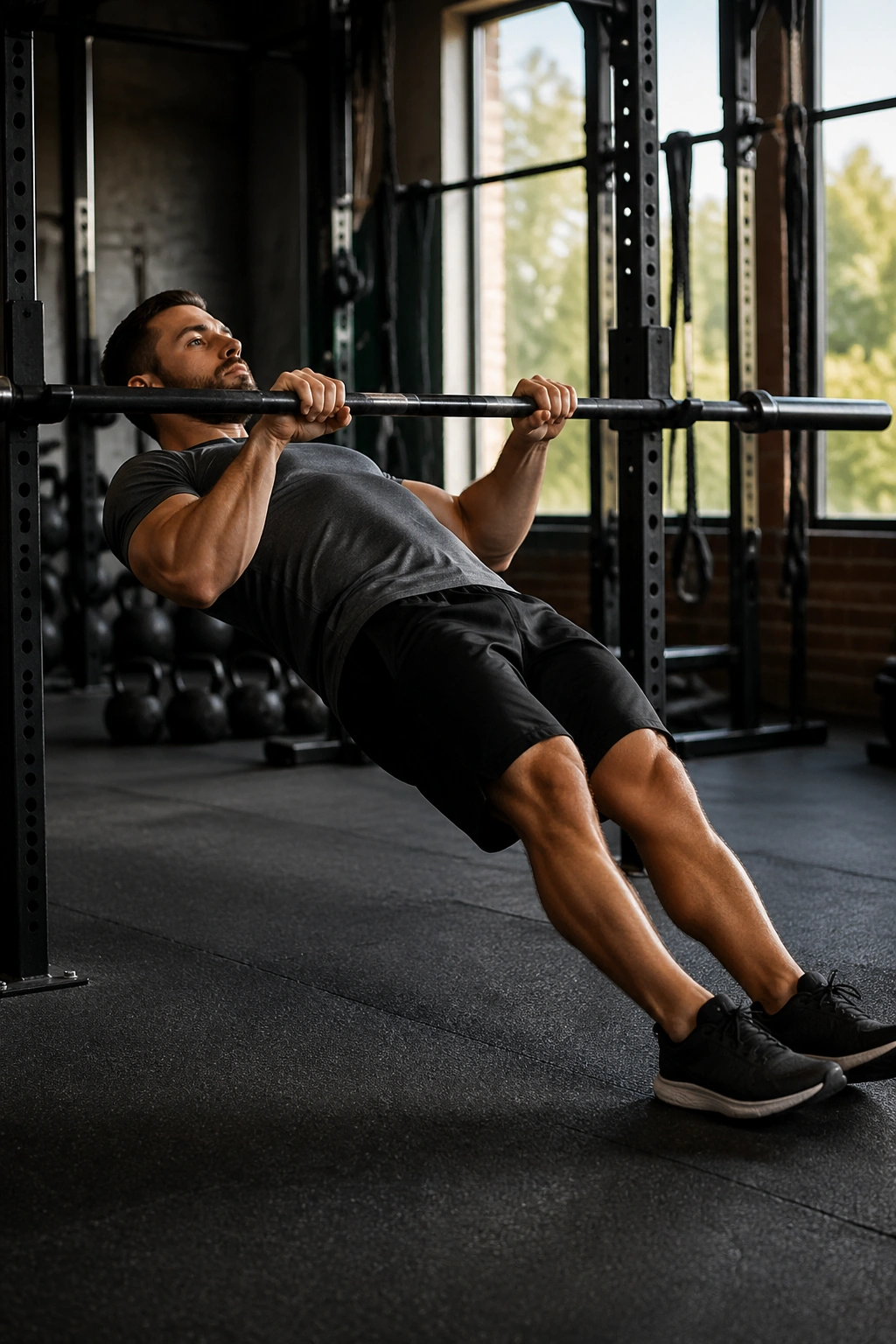 Upper body performing inverted rows under a low bar in gym