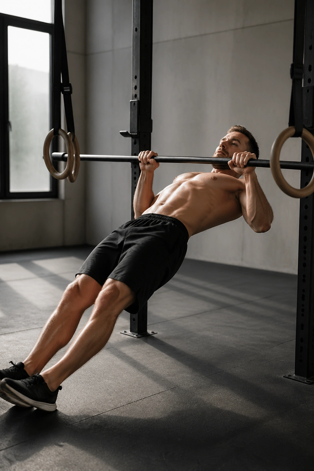 Athlete in an inverted row displaying scapular retraction and core control