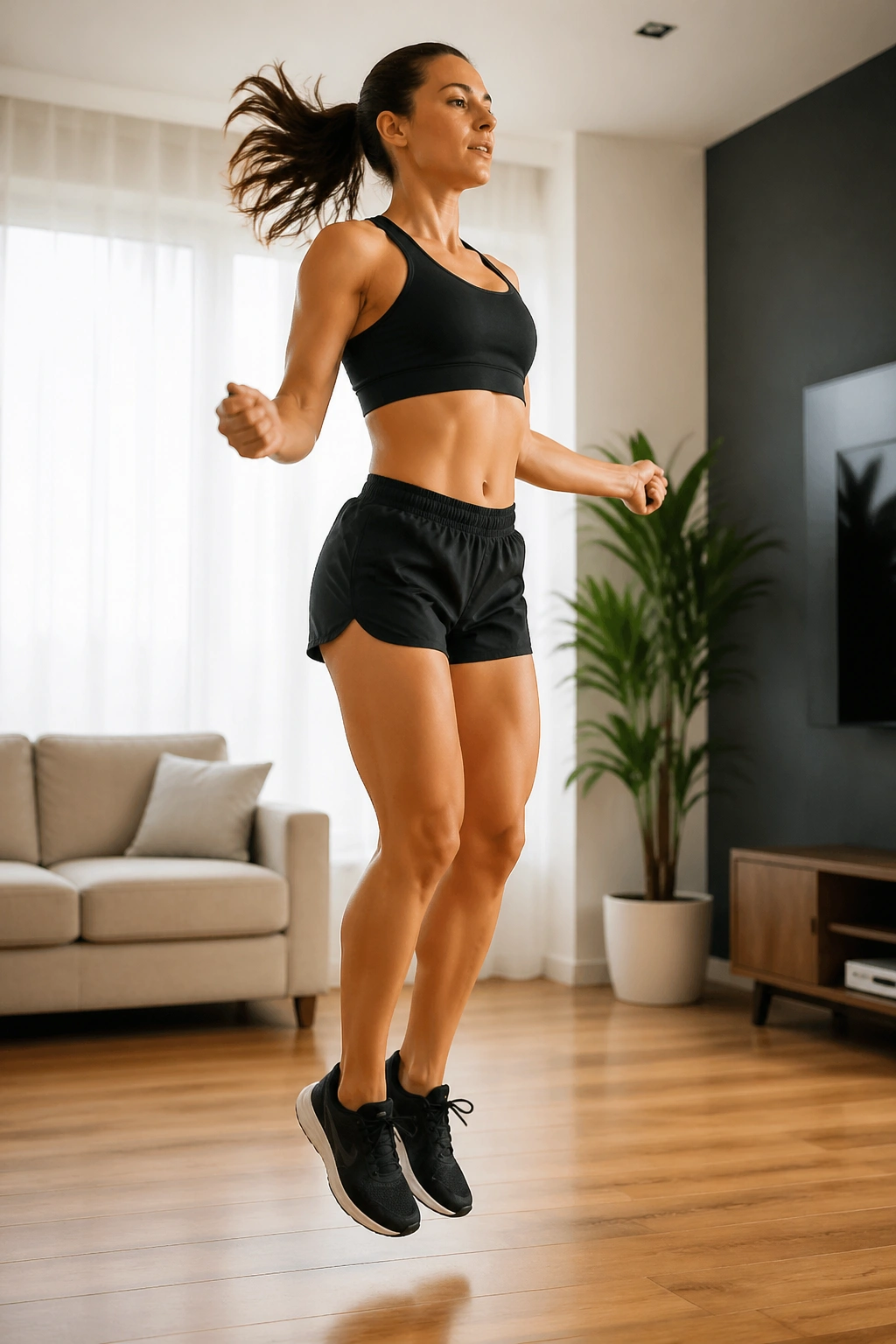 Person jumping with invisible rope motion in a living room