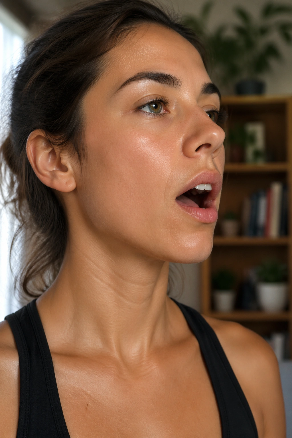 Close-up of a real person with mouth slightly open in a gentle jaw drop.